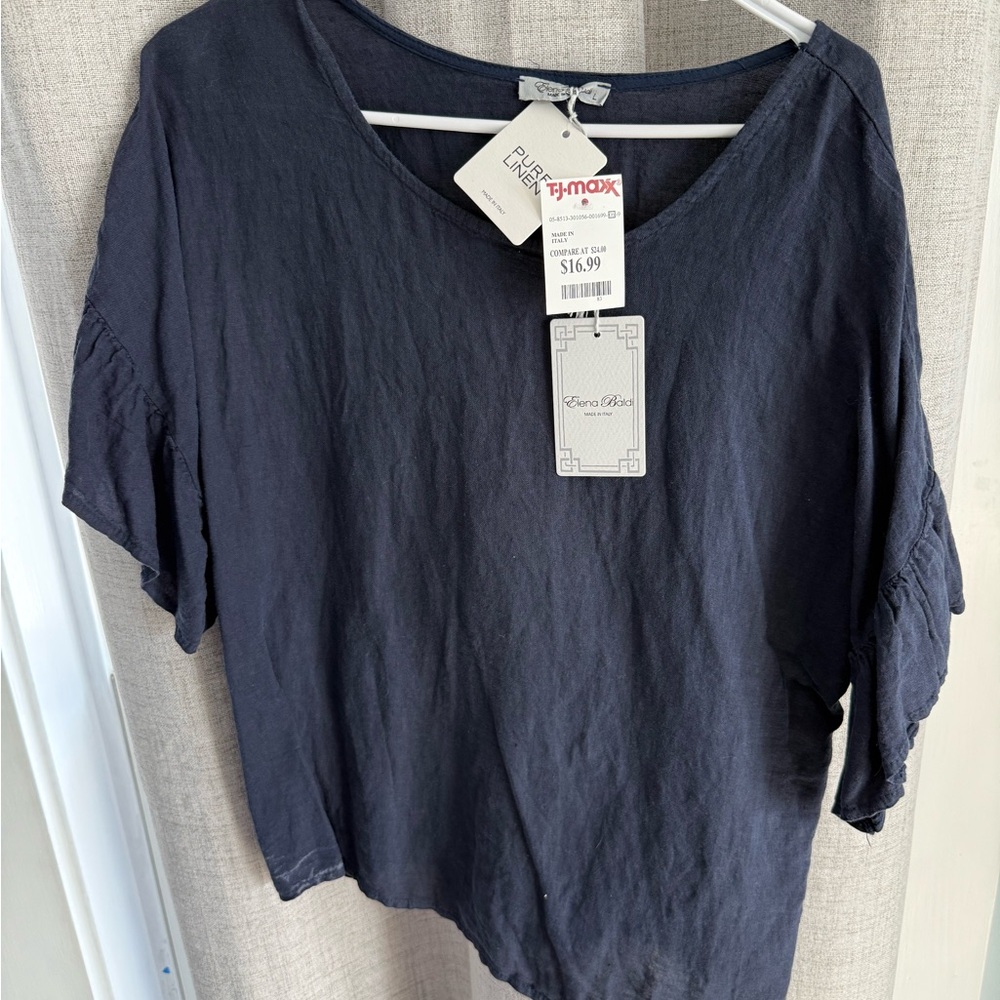 Navy Linen-Blend Short Sleeve Top